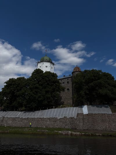 This image depicts a section of Vyborg Castle in Vyborg, Russia, on a sunny day with a partly cloudy blue sky. In the foreground, a dark body of water is visible, likely a moat or bay. A stone embankment lines the water's edge, with a person wearing a high-visibility yellow vest standing on the grassy area above it, facing the stone wall. The wall itself is constructed of large, rough-hewn stones and is partially covered by white tarps or sheeting along the top.
Dominating the middle ground and background are the castle structures and dense green trees. A prominent white tower with a green domed roof, topped by a small flag, stands tall. This is St. Olaf's Tower, a significant landmark of the castle. To the right of this tower, a section of the castle's stone walls is visible, featuring small windows. Another smaller, rust-colored domed structure, possibly a smaller tower or turret, is also visible within the castle complex, partially obscured by foliage. The dark green canopy of mature trees surrounds and partially hides parts of the castle structures, creating a contrast between the ancient stone and the lush vegetation. The overall scene conveys a sense of historical grandeur integrated with natural elements.