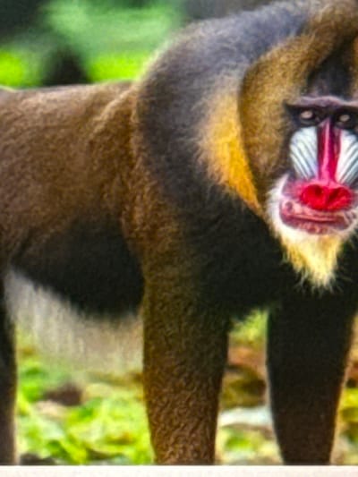 The image is a close-up photograph of a mandrill, a species of Old World monkey. The mandrill is facing the viewer, with its distinctive brightly colored face — red nose and blue ridges — clearly visible. Its body is covered in dark fur, with some yellowish fur on its sides. The background is blurred, showing green foliage, suggesting the animal is in a natural or zoo environment. There is no indication of the city of Babahjurong, Indonesia, in this image.