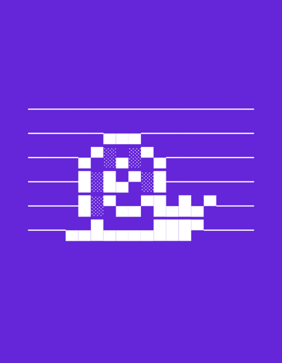 This media file is a digital illustration on a purple background. The illustration is made up of white pixels and depicts a pixelated ghost-like figure. The figure is centered horizontally and positioned in the upper half of the frame. There are several horizontal white lines extending from the left and right edges of the image, passing behind the figure, resembling musical staves. The ghost figure has a distinct head with two dotted white squares that could represent eyes, and a body that tapers downwards. The overall style is reminiscent of retro video game graphics. There is no visible text in the image. The scene is abstract and lacks any specific environmental cues that would suggest a time of day, weather, or geographical location. The emotions conveyed are neutral due to the abstract and pixelated nature of the subject. There are no discernible people or detailed objects, only the stylized ghost figure.