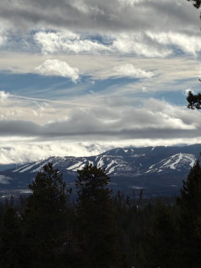 An expansive sky is filled with streaks of white clouds against a backdrop of blue. To the right, a mountain range is partially covered with snow, while dark green trees dominate the foreground on that side. The image orientation is turned 90 degrees to the right.