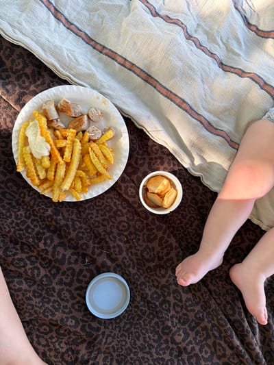 An overhead, close-up, high-angle shot shows a picnic on a brown leopard-print blanket. To the left, a white paper plate holds a portion of french fries topped with a dollop of white sauce and several slices of browned sausage. To the right of the plate, a small white cup contains what appears to be pretzel pieces and crackers. Further to the right, a child’s bare legs and feet are visible, lying on the blanket. The picnic is taking place outdoors in Meisenheim, Germany, on a sunny afternoon.