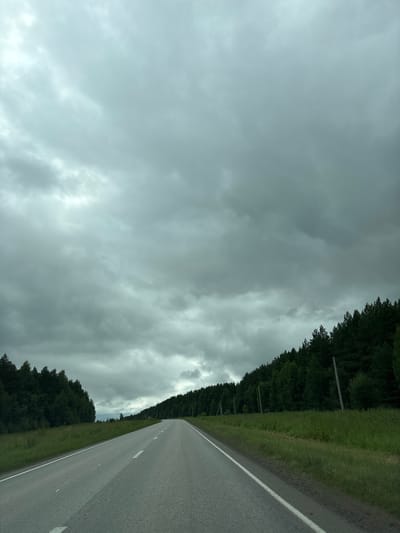 The image captures a desolate asphalt road stretching into the distance under a heavy, overcast sky. Dense green forest lines both sides of the road, with tall evergreen trees forming an unbroken canopy. The sky is filled with dark, dramatic clouds, suggesting an impending storm or recent rainfall. The road itself is gray and appears to be a two-lane highway, marked with white lines. There are no people or vehicles visible in the frame, emphasizing the emptiness of the landscape. The overall mood is somber and slightly melancholic, evoking a sense of isolation and the vastness of nature. The scene is likely located on a rural highway in a forested region, possibly in Kostovaty, Russia, given the prevalence of evergreen forests in such areas.