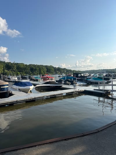 The image depicts a marina with several boats docked on a calm body of water. The boats are of various sizes and types, with some covered and others uncovered. The marina appears to be situated in a natural setting, with trees lining the background and a clear blue sky with scattered clouds overhead. The water reflects the sky and the surrounding environment, creating a serene atmosphere. The scene is peaceful and orderly, suggesting a well-maintained recreational area.