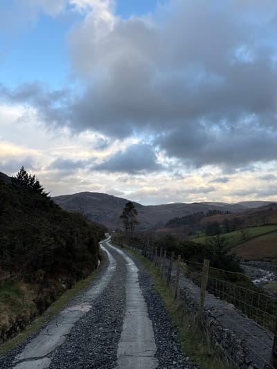 The image displays a winding, two-track paved road with interspersed gravel near Glenridding, United Kingdom, under a partially cloudy sky. The wet road extends from the lower center, curving left into the mid-ground. To the left of the road, a steep hillside is densely covered in dark green bushes and several coniferous trees. To the right, a low dry-stone wall topped with a wire fence and wooden posts runs parallel to the road. Beyond the fence, the terrain slopes into a valley where a narrow river or stream is visible, accompanied by green fields dotted with sparse, bare trees and a few white sheep. In the mid-ground and background, a series of dark, undulating hills and mountains define the horizon. The sky presents a mixture of heavy grey clouds, lighter clouds, and patches of clear blue, particularly in the upper left. No individuals or active subjects are present.