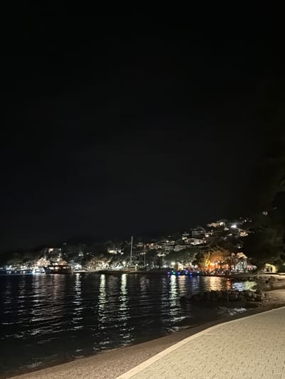 This media file captures a nighttime scene in Općina Brela, Croatia. The image depicts a coastal town illuminated by artificial lights, reflecting on the dark water. The water's surface is disturbed, creating streaks of light from the shore.
The town appears to be built along the coastline, with buildings nestled on a hillside overlooking the water. Many lights are visible, suggesting a populated area with homes, businesses, or possibly a resort. Some lights are warm-toned, likely from lamps and buildings, while others are colored, possibly from decorative lighting or festive displays. The darkness of the night contrasts with these points of light, creating a dramatic and picturesque view.
The foreground shows a textured, possibly concrete, structure that curves along the edge of the scene, hinting at a walkway, pier, or embankment. The overall atmosphere is tranquil and serene, characteristic of a quiet evening by the sea. The time of day is clearly night, and there are no strong indicators of weather conditions other than the calm water suggesting a lack of high winds or storms. The location is identifiable as Općina Brela, Croatia, based on the provided context. No text is visible in the image.