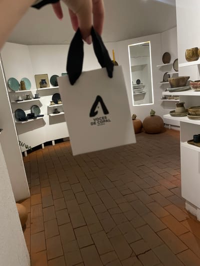 A person holds a white shopping bag with the "Voces de Copal" logo, against the backdrop of what appears to be an art gallery or shop interior in Oaxaca City, Mexico. The bag's black ribbon handles are visible, and the logo is a stylized upward-pointing arrow above the name.
The background includes a display of pottery and artisanal objects on white shelves against white walls. There's a mirrored section reflecting the shelves. The gallery space leads to a brick-tiled floor. Large, round ceramic objects sit on the floor, likely part of the gallery's collection. The scene suggests the person has made a purchase from Voces de Copal, a business associated with copal wood carvings, and is inside or just outside their shop in Oaxaca City.