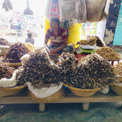 A vendor sits cross-legged on a trunk behind a table laden with baskets overflowing with dried fish at an outdoor market in Unknown, Bangladesh. He is a middle-aged man with dark hair and a mustache, wearing a red and white striped shirt and a plaid sarong. Behind him are bags of goods and a yellow tarp. To his left, a young boy sits in the background. The market is bustling with people and vehicles.