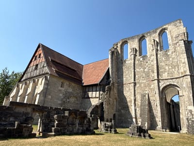 The image shows the ruins of the Walkenried Abbey in Walkenried, Germany. The abbey is a former Cistercian monastery. The ruins are made of stone and brick and are covered in moss and ivy. The sky is clear and blue. The ruins are located in a grassy field with some trees in the background. The image is taken from a low angle, looking up at the ruins. The sun is shining, casting long shadows.