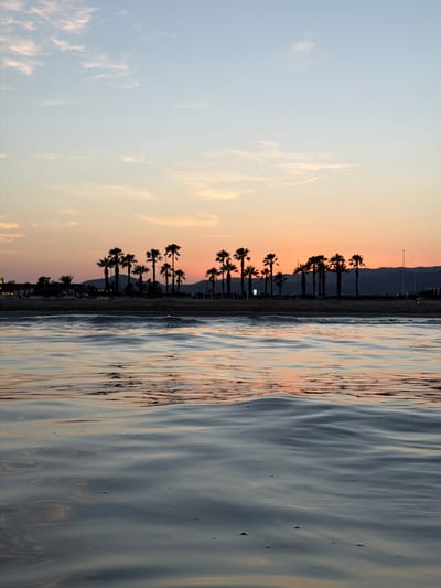 This media file depicts a serene beach scene at dusk. The foreground is dominated by the calm, rippling surface of the sea, reflecting the warm hues of the sunset. The water's surface is a mosaic of blues, grays, and oranges, creating a dynamic texture with subtle highlights and darker ripples.

Beyond the water, a sandy beach stretches out, lined with a row of silhouetted palm trees. Their slender trunks and fanned fronds are starkly defined against the soft gradient of the sky. The sky transitions from a pale blue at the top to a vibrant orange and pink near the horizon, characteristic of a sunset. Wispy clouds are scattered across the sky, catching the last rays of sunlight.

In the distance, a faint outline of mountains can be seen, bordering the horizon. The overall scene suggests a tranquil evening setting, likely a popular tourist destination given the presence of palm trees and what appears to be a resort or town in the far background, evidenced by distant lights and structures. The absence of clear human figures or specific objects doesn't detract from the peaceful atmosphere. The time of day is clearly sunset, and the weather appears clear and calm, conducive to a pleasant evening by the sea. The location cues, such as the palm trees and coastal setting, combined with the provided context of Castelló de la Plana, Spain, paint a picture of a Mediterranean coastal town. No visible text is present in the image.