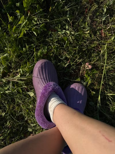 The image shows a person's legs wearing purple furry slippers and white socks, standing in a grassy area. The grass appears to be unkempt and is a mix of green and dry blades. The lighting suggests it is daytime, possibly late afternoon due to the shadows. There is no visible indication of the location being in the city of Doksha, Russia.