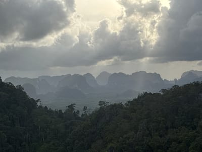 The image shows a panoramic view of a lush, mountainous landscape under a dramatic, cloudy sky. The foreground is dominated by a dense forest with dark green foliage, stretching across rolling hills. Beyond the immediate forest, a series of limestone karsts, characteristic of the region, rise in the mid-ground, appearing misty and layered due to atmospheric haze. These karsts are silhouetted against the sky, which is characterized by heavy, grey clouds with patches of brighter light breaking through, creating a sense of diffused sunlight and possibly rain. The distant horizon is a soft, hazy blend of mountains fading into the sky. The scene evokes a feeling of a remote, natural environment, possibly during or after a rainfall. The location is described as Ban Khao Tang, Thailand, a region known for its unique geological formations and tropical forests. There are no people or visible human activity in the image. The environment is primarily natural, with a focus on the geological features and vegetation.