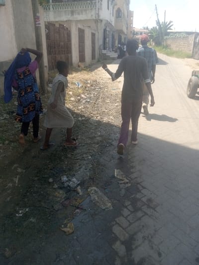 The image portrays a daytime street scene in Mtopanga ward, Kenya. Five individuals are in motion. On the left, an individual in a blue patterned garment over a pink top and dark trousers, with a blue head covering, walks barefoot on an unpaved, debris-strewn ground patch, holding the head covering with a raised left arm. Adjacent and slightly ahead, a child in a light-colored sleeveless dress walks on the same unpaved surface, with visible sandals on their right foot.
To the right, a paved road with interlocking bricks is visible. A person in a dark long-sleeved top with white arm stripes and purple trousers walks away from the viewer on this paved surface, with their right arm slightly raised. Behind them, another individual in a red cap, plaid short-sleeved shirt, and light trousers also walks away. A fifth person's lower body is partially visible behind the second individual on the paved road.
The unpaved ground on the left is extensively littered with plastic waste, fabric scraps, and other refuse, including a dark, wet area of standing liquid and debris in the immediate foreground. Buildings line the left side, featuring multi-story structures with several dark, gated entrances and some decorative balconies. A utility pole is present on the far left. The background includes additional buildings, a block wall, and sparse tropical vegetation. Strong sunlight creates distinct shadows on the paved road and behind the walking figures.