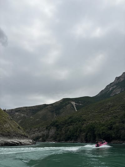 A pink speedboat is navigating a vibrant turquoise river with white wake trails, heading towards the right of the frame. The boat carries two individuals. The river flows through a dramatic canyon, flanked by steep, green, tree-covered mountains on the right and rocky, sparsely vegetated slopes on the left. The sky above is overcast with gray clouds. In the distance, other boats are visible on the water. The scene is likely located near the Chirkey Dam in Dagestan, Russia, a region known for its scenic canyons and the Chirkey reservoir.