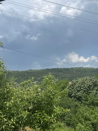 The image shows an outdoor scene, likely in a rural or suburban area near Belovo, Bulgaria, given the presence of green hills and vegetation. The sky is partially cloudy with what appear to be electrical power lines running through the upper-left portion of the frame. Lush green trees and shrubs fill the right side of the image, obstructing a clearer view of the landscape. The hills in the background are covered with dense greenery, indicating a heavily vegetated area. There is no visible presence of people or animals. The setting suggests a natural environment on the outskirts of or near Belovo, Bulgaria.