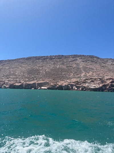 The image depicts a coastal scene in Unknown, Mexico. A dark, rocky cliff face occupies the left side of the image, abutting the turquoise water on the right. The sky is a clear, bright blue. The water's surface is disturbed with a foamy white wake, suggesting movement, likely from a boat. No people are visible.