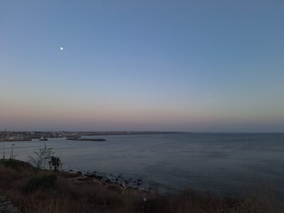 The image captures a panoramic view of the sea and the port of Safi, Morocco, at dusk. The sky is a gradient of pale blue at the top, transitioning to soft pinks and purples near the horizon. A sliver of the moon is visible in the upper left quadrant of the sky. The sea is a deep blue, reflecting the fading light, with subtle ripples on its surface.
In the mid-ground, the port of Safi is visible along the coastline. Several ships, including a prominent red vessel, are docked or navigating within the harbor. Breakwaters, constructed of large rocks, extend into the sea, forming protective barriers. The cityscape of Safi stretches along the coast, with buildings and structures of varying heights. Cranes and industrial elements of the port are discernible.
The foreground features a rugged, vegetated embankment. Dry, straw-like grass and small shrubs cover the terrain, with scattered rocks and some areas of bare earth. A single, sparsely leaved tree stands on the embankment, adding a touch of greenery to the scene. The overall impression is one of a coastal city transitioning from day to night, with the industrial and natural elements harmonizing under the twilight sky. There are no people visible in the frame.