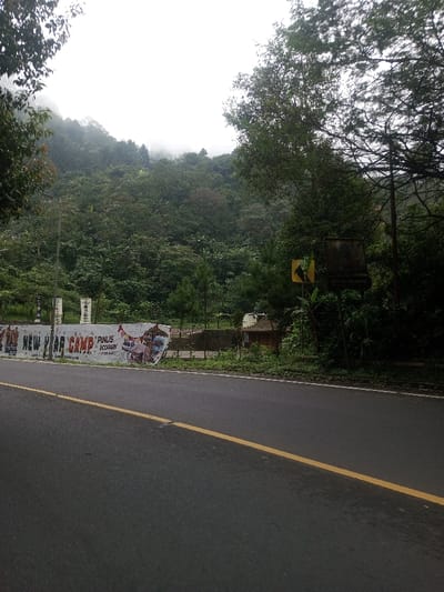 A road with a yellow line passes by a landscape of trees and a mountain covered in lush vegetation. The scene has overcast skies, giving a sense of a cloudy or foggy day. A banner advertising "New Year Camp" and "Pinus Ecopark" can be seen along the roadside. To the side, there is a road sign and a small structure. The road surface appears wet, possibly from recent rain.