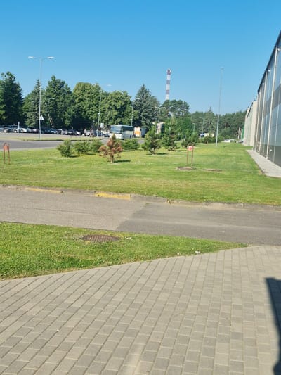 The image depicts an outdoor scene on a clear, sunny day, likely in the city of Pabradė, Lithuania. In the foreground, a grey paved walkway stretches diagonally across the frame, leading towards a patch of green grass. A paved road with a yellow curb borders the grassy area. Several cars are parked in the middle ground, beyond the road and grass. A white bus is also visible in this area. Trees, including pine trees and deciduous trees, form a backdrop behind the parking lot and extend into the distance. A tall, red and white striped tower, possibly a communication tower, stands in the far distance against a clear blue sky. To the right side of the image, a large, modern building with a grey and white facade occupies a significant portion of the frame, suggesting an industrial or commercial area. Several streetlights are positioned throughout the scene.