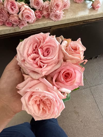 A close-up, eye-level shot features a hand holding a bouquet of light pink roses. The roses are in various stages of bloom, with some tightly furled and others more open, revealing their layered petals. The hand, fair-skinned and gently cupping the stems, is positioned in the lower portion of the frame.

Behind the hand and roses, the background is a mix of textures and colors. To the left, a vertical structure with a marble-like pattern in pale tones is visible, adorned with more light pink roses, suggesting a decorative arrangement or a display. Adjacent to this, a dark, reflective surface, possibly wood or a dark stone, occupies the middle ground. The far background is a textured, tiled surface in neutral gray tones, hinting at an indoor setting with a possibly tiled floor or wall.

The lighting appears to be soft and diffused, suggesting it might be daytime, but without direct sunlight. The overall mood is calm and elegant, emphasizing the delicate beauty of the roses. There is no visible text in the image. The specific context of Sunzha, Russia, is noted but not visually apparent from the image itself, which focuses solely on the floral arrangement and the hand holding it.