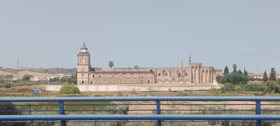 The image shows a wide, horizontal view of a large, tan-colored building complex with a prominent tower on the left. The building appears to be historic, with many windows and arched openings along its facade. A palm tree stands in front of the building, and several other trees and vegetation are visible around it. In the distance, there are rolling hills with some structures and what appears to be agricultural land. A blue railing runs across the bottom of the frame, suggesting the photo was taken from a bridge or elevated walkway. A blue truck with white lettering is visible on a road in the middle ground. A construction crane is visible on the right side of the image, in the distance. The sky is clear and light blue. The building is identified as the Monastery of San Isidoro del Campo in Santiponce, Spain.
