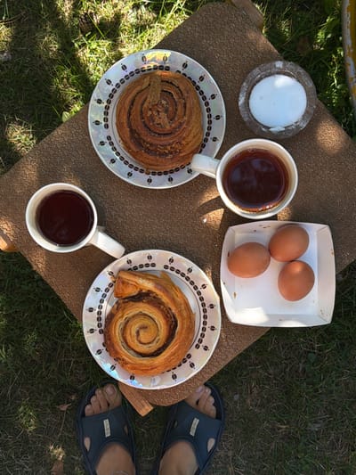 An outdoor picnic is laid out on a brown, textured placemat on a grassy area, likely in Udelnaya, Russia, given the context. The arrangement includes two spiral pastries, one on a decorative white plate in the upper left and another on a similar plate in the lower center. Adjacent to the upper pastry is a small, circular stone dish filled with white granular material, possibly sugar. Two white mugs filled with dark liquid, presumably tea or coffee, are positioned on the placemat, one to the left of the upper pastry and the other to the right. To the right of the mugs and lower pastry is a small white cardboard container holding three brown eggs. The scene is viewed from directly overhead, with a person's feet wearing dark blue sandals visible at the bottom of the frame. Sunlight casts shadows across the grass and the placemat, suggesting it is a bright day.