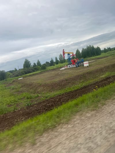 In Ustinovo, Russia, a pumpjack stands in a grassy, disturbed landscape. The pumpjack is primarily blue and red with a yellow beam. A small white structure with a red roof is positioned near the pumpjack. The ground around the pumpjack appears to be recently excavated and covered with both brown soil and green grass. In the background, a line of trees forms a distant horizon under a cloudy, overcast sky. The overall scene suggests ongoing industrial activity in a rural or semi-rural setting.