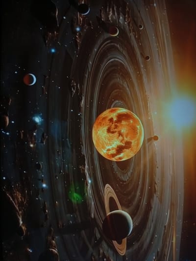 This is a digital rendering of a celestial scene featuring planets and rings, suggestive of a solar system. A large, orange, textured planet is centrally located, encircled by multiple, concentric rings. To the lower left, a smaller, gray planet with rings is visible. Numerous smaller celestial bodies and debris are scattered throughout the dark, star-filled expanse. In the background, a bright, yellow-orange light source, presumably a star, illuminates the scene, casting a warm glow on the planets and rings. The overall impression is one of a vast, cosmic environment. There is no indication of any urban setting, city, or specific geographical location within Semey, Kazakhstan.