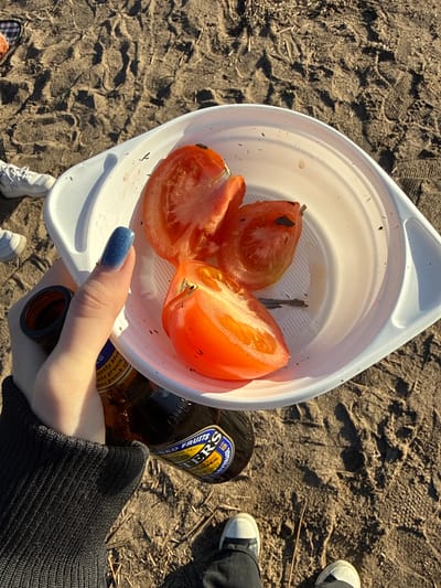 The image shows a first-person view of a person holding a white plastic dish with three tomato slices and a bottle of beer. The person's hand, adorned with blue glitter nail polish, grips the beer bottle's neck. The person is wearing a dark gray sweater. The background consists of a sandy surface with scattered debris and footprints, along with glimpses of shoes and clothing suggesting other people are nearby. The location is likely near Toksovo, Russia.