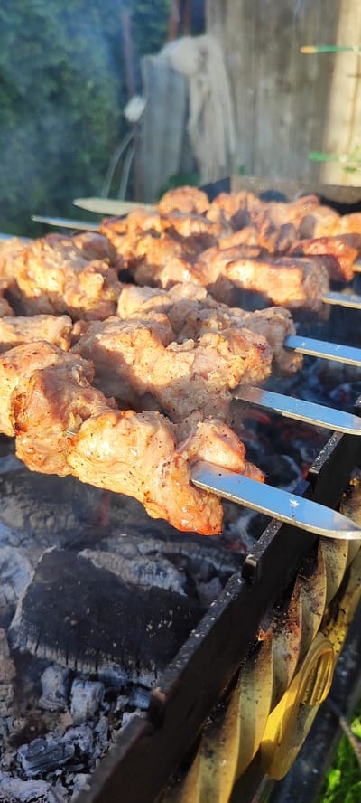 This is a close-up, eye-level, outdoor, vertical shot of skewers of raw meat being grilled over hot coals. The meat, cut into bite-sized pieces, is seasoned and appears to be pork. The skewers are made of metal and are resting on a black metal grill. The background is blurred, showing hints of green foliage and a rustic wooden fence, suggesting a rural setting. The lighting indicates it is either early morning or late afternoon, with the sun casting a warm glow on the meat. There is no indication of people or a specific urban location within Лёзненскі сельскі Савет, Belarus, just a general outdoor cooking scene.