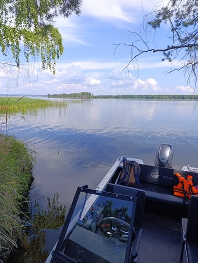 The image depicts a serene lakeside scene in Vekoshinka, Russia, on a bright, partly cloudy day. In the foreground, a motorboat is moored near the shore, its stern facing the viewer. The boat is equipped with an outboard motor at the rear, a black upholstered seat with a logo that appears to read "САЛЮТ," and a backpack and two orange life jackets are placed on the seat. The boat has a windshield with a reflection of trees and the sky. The water is calm with ripples, reflecting the blue sky and white clouds. Tall green reeds and grass line the left bank of the lake, with trees and a distant treeline visible on the opposite shore. The overall atmosphere is peaceful and suggests a leisurely outdoor activity.