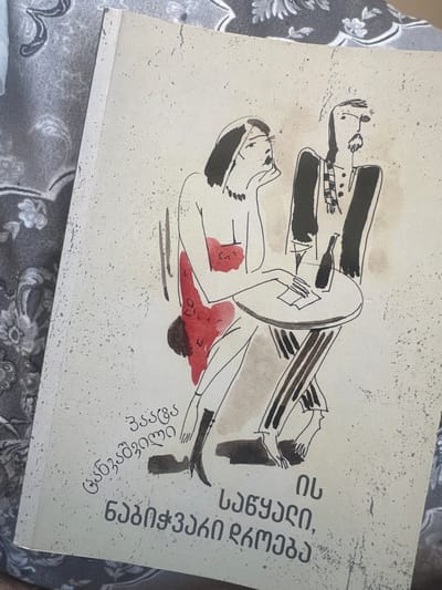 The image shows a close-up of a book cover. The cover features a black and white ink drawing with red accents of two stylized figures sitting at a small table. A bottle and a glass are on the table, along with a piece of paper. The figures are drawn in a somewhat abstract, expressionist style. One figure, a woman, is leaning her head on her hand, wearing a red garment. The other figure, a man, has a beard and is wearing a scarf. The background of the cover has a speckled texture. Below the drawing, text in Georgian script is visible. The book is lying on a patterned fabric. The overall scene is static, with no discernible action taking place. The location in the city of Samshvilde, Georgia, is not depicted or implied in the image.