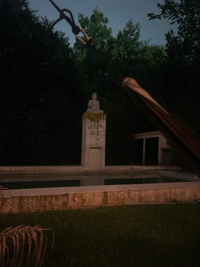 This image, identified as being in La Lonja, Argentina, presents an outdoor nighttime scene featuring a garden area with a swimming pool and statuary.
In the foreground, a patch of green grass is visible, with several dried, curved palm fronds located in the lower-left corner. A rectangular swimming pool with still water occupies the mid-ground, bordered by a low, weathered concrete structure that displays reddish-brown staining and apparent moss or algae growth.
Dominating the center of the image is a tall, rectangular concrete pedestal, also exhibiting weathering and green moss, particularly near its top. A light-colored Buddha statue, depicted in a seated meditative pose, rests on top of this pedestal. A piece of yellow or gold fabric is draped around the base of the Buddha statue.
In the background, dense, dark green foliage (trees or bushes) forms a natural wall across the left and central portions of the scene. To the far right, partially obscured, is a small, dark building with a prominent, dark rectangular opening, possibly a doorway or window, suggestive of a pool house or shed. The sky above the foliage is a dark blue-gray, indicating dusk or night.
In the upper right quadrant, a blurred, brown fabric object, consistent with a hammock or similar hanging textile, extends diagonally into the frame. A black rope with a metallic carabiner is visible in the upper center, connecting to an unseen anchor point above the scene, supporting the aforementioned fabric object. The overall lighting is dim, with an ambient light source illuminating the front of the pedestal and the pool area.