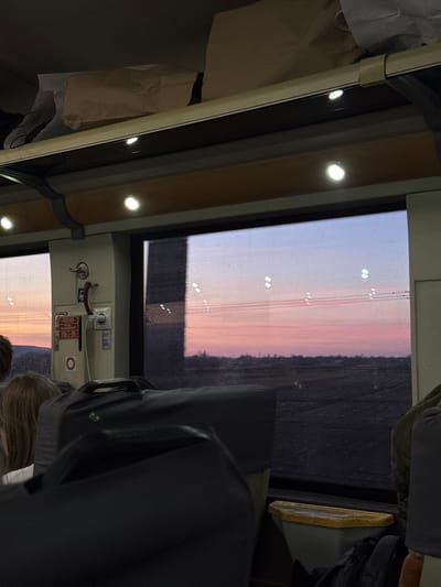 The image captures the interior of a passenger train car within the city of Ungheni, Romania, at either sunrise or sunset, viewed from a seated perspective looking towards the windows. The exterior view reveals a gradient sky transitioning from light blue to vibrant pink and orange, above a flat, dark landscape consistent with fields or undeveloped land. Multiple horizontal power lines are visible across the sky, reflecting interior train lights. Inside the train, recessed ceiling lights illuminate a beige overhead luggage rack containing several light brown paper bags and a light-colored shoe. A wall-mounted utility panel between the windows features a hook, a red emergency pull handle, and an electrical outlet, with a label displaying "20" and "50". In the foreground, dark fabric-covered seatbacks are prominent, with a dark grey luggage item resting on one seat. The back of a person's head with blonde hair is visible on the far left. A yellow-rimmed waste receptacle is positioned beneath the right window.