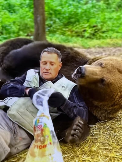 A man wearing a dark plaid shirt and a light-colored vest sits on hay next to a large brown bear. The man is holding a colorful bag with a cartoon character on it. The bear is lying down, with its head resting near the man's chest. The scene appears to be outdoors, with green foliage and trees visible in the background. The location is not specified as being in the city of Cahul, Moldova.