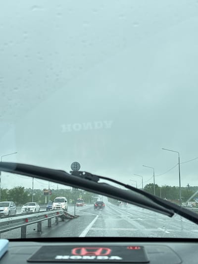 The image shows a view from inside a vehicle, looking out through a wet windshield at a highway in overcast, rainy weather. The text "HONDA" is visible, reversed, on the interior of the windshield. Cars are driving on the wet highway, and a metal guardrail is in the foreground. Streetlights and trees line the side of the road. A sign in the distance has Russian text and numbers. The location is identified as a highway in the city of Pionersky, Russia.