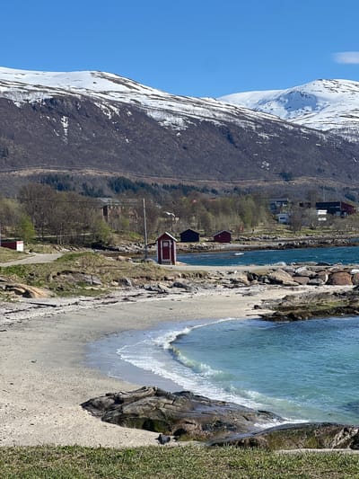 The image shows a coastal landscape in Tromsø, Norway. A snow-capped mountain rises on the left. The water is turquoise, with waves washing onto a sandy beach. A red boathouse stands near the shoreline, with other buildings visible in the background. Vegetation and grass line the right edge of the image. The scene is captured on a sunny day with a clear blue sky.