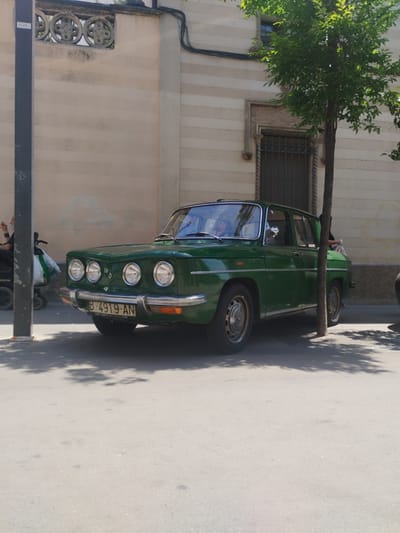 A green vintage Renault 16 car with license plate "B-4919-AN" is parked on the side of a street. A thin tree is planted next to the car, and its canopy casts shadows on the street. In the background, a cream-colored building features horizontally-patterned walls, a decorated upper wall, an ornate framed window with a security grille, and a row of circular decorative cutouts along the top edge. A black utility pole stands on the left edge of the frame. Near the pole, an elderly man is visible in a wheelchair with shopping bags hanging from it. The location appears to be in Rubí, Spain.