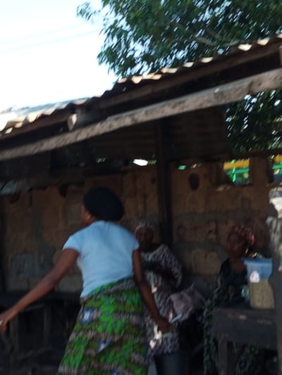 In Garko, Nigeria, a woman wearing a light blue shirt and a green patterned skirt stands in front of a rustic structure. She is facing to her right, with her left arm extended. Behind her, two other women are visible. One, to her right, wears a dark top and a head covering, and is partially obscured by a table. The other woman, further to the right, wears a patterned head covering and a dark garment, and is standing behind a table. On the table, there is a light blue container and a yellowish object. The structure appears to be made of wood and corrugated metal roofing, with rough, possibly mud or adobe, walls. Trees are visible above the structure, and the sky is light.