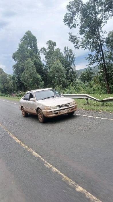 The scene displays a light-colored Toyota Corolla sedan, bearing license plate KAL 436Q, on an asphalt road in Moticho ward, Kenya, under an overcast sky. The vehicle is positioned on the left side of the road, with its front partially over a broken yellow lane marking, and appears soiled with dirt on its lower body, wheels, and front bumper. To the immediate right of the roadway, a metal guardrail, exhibiting multiple bends and apparent damage, runs parallel to the asphalt. Beyond the guardrail, a grassy embankment transitions into dense green foliage and tall trees. The left side of the road features a narrow grassy shoulder leading to a thick line of green trees, with a faint, dark-roofed structure visible in the distant foliage. The background is dominated by a dense canopy of trees and vegetated hills under the cloudy sky. No individuals are visible in the image.