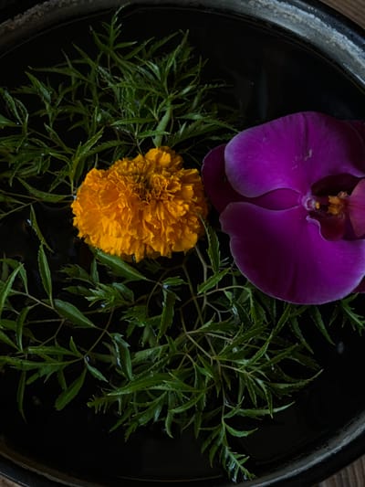 Within a dark, textured bowl or basin located in Belalang, Indonesia, a decorative arrangement floats on a reflective, dark water surface. The scene features one vibrant orange, densely petaled flower, consistent with a marigold, positioned towards the left-center. To its right, a large, deep purple orchid flower, appearing to be a Phalaenopsis species, displays its prominent petals and yellow-orange central stamen. Numerous sprigs of finely-lobed green foliage are distributed across the water, interspersed among both flowers. All botanical elements appear to be floating passively on the water within the container.