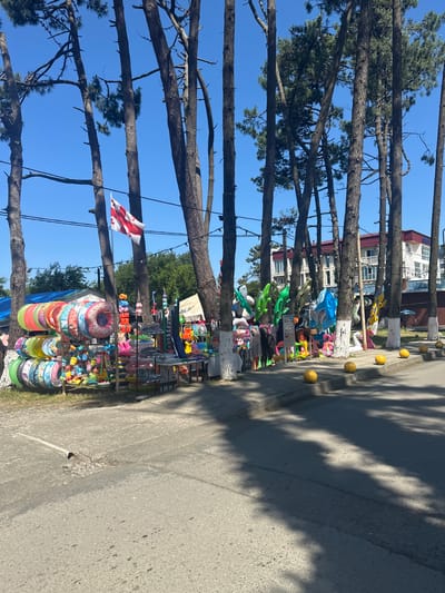 The image captures a sunny day scene in Ureki, Georgia, featuring a roadside stall filled with inflatable toys and beach accessories. Several tall trees with thin trunks, painted white at the base, line the scene. A Georgian flag waves from a pole amidst the trees. Inflatable rings in various colors and patterns are displayed prominently on a rack to the left. Behind them, smaller inflatable toys like crocodiles and swans are visible, along with other beach items such as life vests. A two-story building with a red roof and balconies is situated in the background, partially obscured by trees. The ground in front of the stall is paved with concrete, and a road with a pothole is visible in the foreground. Scattered yellow bollards mark the edge of the sidewalk. The overall impression is of a casual, commercial area catering to beachgoers.