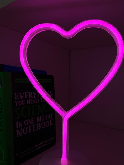 The image depicts a vibrant pink, illuminated heart-shaped light, likely a neon or LED fixture, standing upright within a white shelving unit or cubby. The light emits a strong fuchsia glow, casting pink illumination onto the surrounding surfaces. A dark-spined book, titled "EVERYTHING YOU NEED TO KNOW ABOUT SCIENCE IN ONE BIG FAT NOTEBOOK," is partially visible on the left, positioned behind the lower section of the heart light. A portion of a blue object is visible behind the top of this book. The immediate environment appears dim, with the pink light serving as the primary illumination source. No individuals, actions, or direct interactions are present. The precise location within Ridgefield, United States, is not discernible from the visual information provided.