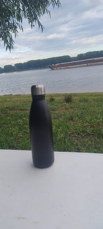 The image depicts a tranquil riverine landscape in Lom, Bulgaria, observed from a low perspective. In the immediate foreground, a matte black, insulated water bottle with a silver metallic cap stands upright on a stark white, flat surface, likely a table or bench, occupying the lower central portion of the frame. The surface exhibits minor scuffs and dust particles.
Behind the white surface, a strip of unkempt grassy ground extends towards the water, featuring various shades of green grass and scattered patches of dry soil and weeds. This area suggests a natural riverbank.
Beyond the grassy bank, a wide body of water, presumably a river, stretches horizontally across the midground. The water surface is predominantly calm with subtle ripples, reflecting the muted light of the sky. A large, long, flat-bottomed cargo barge with a dark, reddish-brown hull is visible on the river, positioned towards the right side of the frame, moving or moored near the distant bank. Its structure suggests it is either empty or carrying low-profile cargo.
The far bank of the river is lined with a dense, unbroken stretch of dark green deciduous trees, forming a thick forest that meets the water's edge. Above the treeline, the sky is overcast, dominated by a mix of light grey and white clouds, with hints of clearer blueish-grey sky visible closer to the horizon.
In the upper left quadrant of the image, the dark green, slender, drooping leaves and branches of an overhead tree, characteristic of a willow, partially frame the sky, providing a natural canopy element to the scene. No individuals are present within the frame.