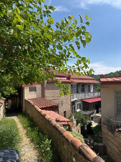 The image depicts a narrow cobblestone pathway in Sighnaghi, Georgia, flanked by old stone walls topped with red terracotta tiles. Lush green foliage from a tree drapes over the scene from the upper left, with its leaves casting dappled shadows. On the right side of the pathway, a light-colored building with a red-tiled roof and traditional wooden balconies is visible. Further down the path, more buildings with red roofs and stone and brick construction are apparent. The sky is clear and blue with scattered wispy clouds. The overall impression is of a charming, historic street in a Georgian town.