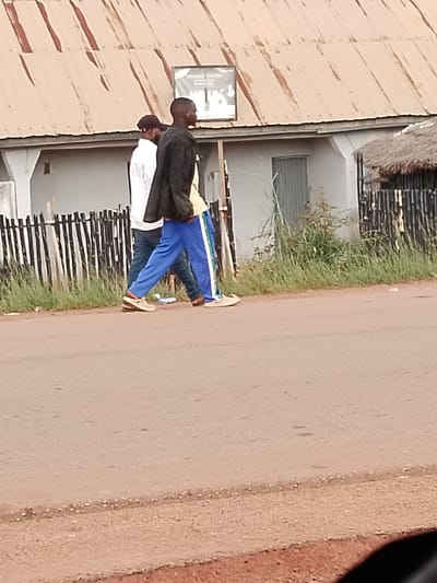 The image shows two men walking on a paved road in what appears to be a semi-urban or rural area. The man in the foreground is wearing a dark jacket over a yellow shirt and blue athletic pants with white and green stripes. He is walking towards the right of the frame and is wearing light-colored slip-on shoes. He is a Black man with short hair.

Behind him, another man is walking in the same direction. He is wearing a white long-sleeved shirt and dark pants. He is wearing a dark baseball cap.

The background features a building with a corrugated metal roof that is reddish-brown in color. There is a sign on the building that appears to say "VINTAGE TAVERN" and some smaller text below it. A fence made of vertical wooden posts is visible along the side of the building, and there is tall grass growing behind it. To the right of the building, part of a structure with a thatched roof can be seen.

The lighting suggests it is daytime, possibly mid-morning or afternoon, with relatively bright conditions. The overall scene depicts a casual walk along a roadside in Agwala, Nigeria. There is no indication of strong emotions or a specific event taking place, rather a mundane daily activity.