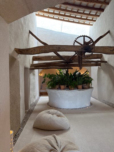 This is an interior shot of a building with rough plaster walls and exposed wooden beams. A large, circular planter filled with lush green plants sits in the center of the space. The planter is surrounded by gravel. In the foreground, there are two large, light-colored floor cushions. The ceiling is made of wooden beams and planks, with natural light coming through a gap at the top. The overall aesthetic is rustic and organic. This image appears to be taken in Artà, Spain.