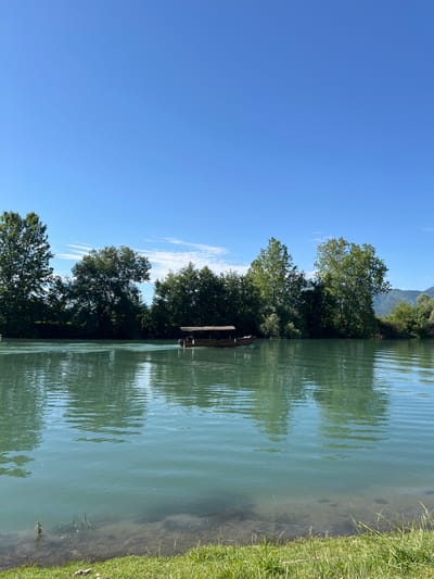 The image depicts a serene outdoor scene in Vranjina, Montenegro, under a clear blue sky with sparse, wispy white clouds. A wide body of water, possibly a river or lake, occupies the mid-ground, characterized by its distinct light turquoise-green color and gentle surface ripples that reflect the sky and surrounding trees. A single, wooden boat with a dark brown canopy structure is observed moving from left to right across the water, propelled by a visible outboard motor at its stern, creating a small wake. At least one individual is partially discernible within the stern section of the boat.
The far bank of the water body is densely covered with a variety of lush green deciduous trees and bushes, forming a continuous line across the horizon. Beyond these trees, subtle outlines of distant mountains or hills are visible, particularly towards the right side of the frame. The near bank, in the foreground, is characterized by vibrant green grass, partially illuminated by sunlight. The immediate shoreline where the water meets the land reveals clear, shallow water with visible submerged sediment and some aquatic vegetation. The overall lighting suggests a bright, sunny daytime environment.
