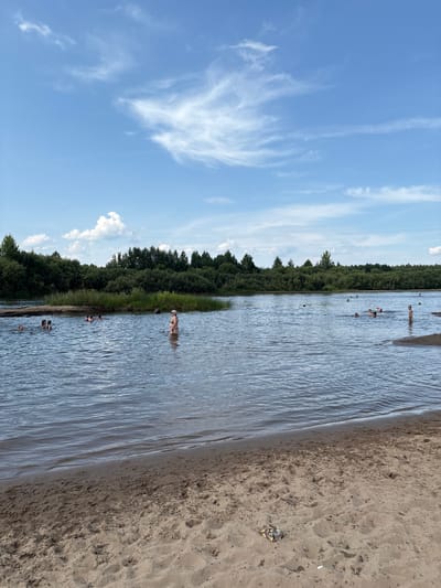 The image depicts a beach scene on a sunny day, with a line of trees bordering the water. The sky is a bright blue with wispy white clouds. Several people are visible in the water, some swimming and others standing. A person in a light-colored swimsuit is in the shallow water near the shore. The sand on the beach is light brown and appears to be slightly wet near the water's edge. There is some debris on the sand, including what appears to be a colorful piece of fabric. The scene suggests a recreational outing, likely during the summer months given the presence of people swimming. The overall mood is peaceful and relaxed. The image is oriented vertically.
