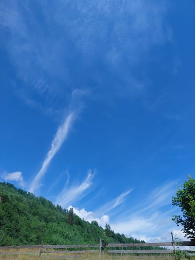 This is a photograph of a rural landscape under a bright blue sky. In the foreground, a weathered wooden fence runs horizontally across the frame. Beyond the fence is a grassy field with some wildflowers. The background is dominated by a lush green, densely forested hillside. The sky is a vibrant blue, with wispy white clouds streaking across it. The image appears to have been taken on a clear, sunny day. The location is identified as Chernyk, Ukraine. There are no people or animals visible in the scene. The overall impression is one of natural beauty and tranquility.
