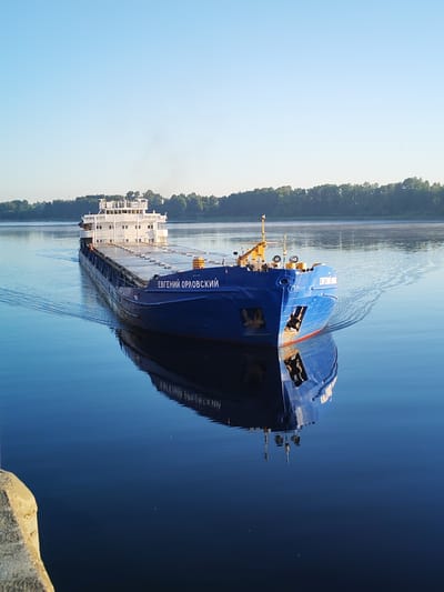 A blue cargo ship named "Evgenii Orlovskii" sails on a calm, reflective river under a clear blue sky. The ship is long and flat-bottomed, with a white superstructure at the stern. The ship's name is prominently displayed in white Cyrillic lettering on its blue hull. The river is wide and calm, reflecting the ship and the surrounding green trees on the far bank. A concrete structure is visible in the foreground, partially obscuring the view of the riverbank. The scene appears to be set in the morning or early evening, with soft light illuminating the water and the ship. The location is specified as Bol'shie Mkhi, Russia.